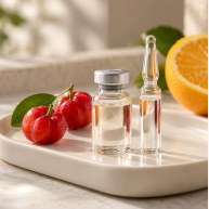 Frasco e ampola de vitamina C com acerolas e laranja